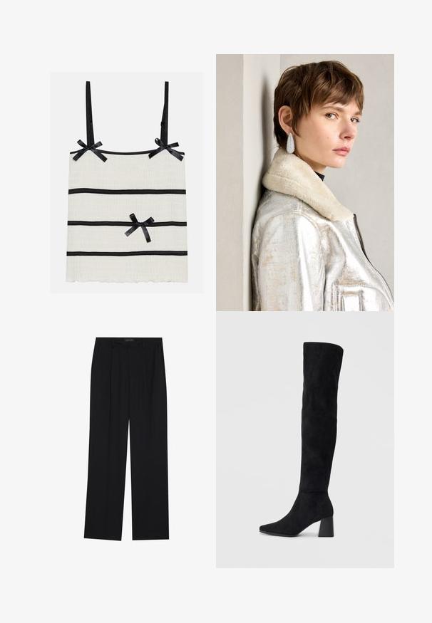 Világoskrém színű spagetti ujjú top, vékony fekete pántokkal, fekete vízszintes csíkokkal és kis masni díszítéssel. Textúrált anyag, fodros szegéllyel.; Fekete nadrág egyenes szárú kialakítással, két első zsebbel és derékrésszel. Simának és könnyű anyagból készült.; Fekete nubuk térd fölé érő csizma, tömbsarokkal, hegyes orral és sima, varrat nélküli dizájnnal, világos háttérrel.; Ezüst fémes bőrkabát, gyapjúgallérral, cipzáros záródással és texturált felülettel. Nagy, csepp alakú fülbevalók átlátszó drágakövekkel.