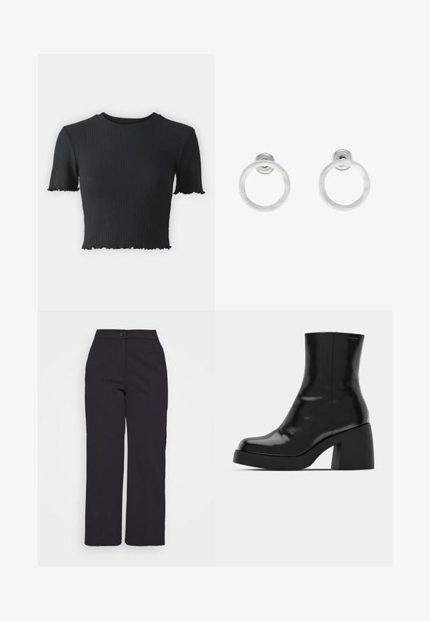 Musta ribbattu crop-top lyhyillä hihoilla, pyöreällä kaula-aukolla ja risat reunat, jotka lisäävät tekstuuria. Valmistettu joustavasta materiaalista.; Mustat leveälahkeiset housut, jotka on valmistettu sileästä kankaasta. Niissä on nappikiinnitys ja siisti, räätälöity muotoilu ilman näkyviä taskuja.; Mustat nilkkurit, joissa on kiiltävä pinta, neliön muotoinen kärki ja paksu lohkoheel. Muotoilussa on saumatonta siluettia ja vähäistä brändäystä.; Hopeista valmistetut korvakorut, joissa on harjattu pinta, ympyrän muotoinen muotoilu ja kirkas varsi takana, joka takaa turvallisen käytön.