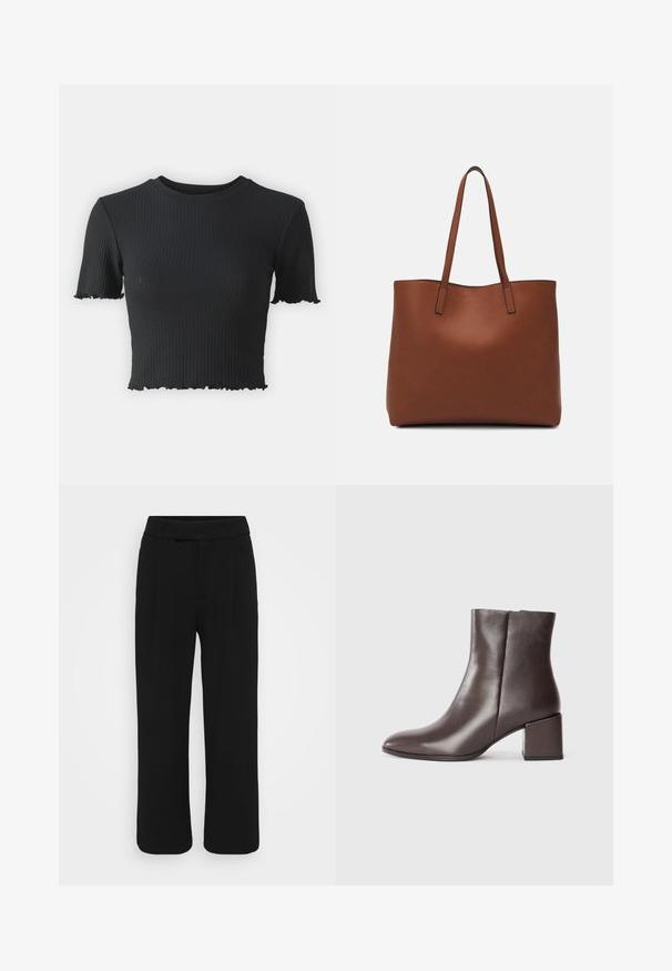 Top scurt cu dungi negre, cu mâneci scurte, având un decolteu rotund și un tiv desfăcut pentru un plus de textură. Confecționat dintr-un material elastic.; Pantaloni negri cu picioare largi, confectionati dintr-un material neted, avand un front plat, bucle pentru centura si fara buzunare vizibile. Design curat si bine croit.; Botină din piele maro, cu un design elegant, vârf ascuțit și toc pătrat. Textură netedă și siluetă minimală.; Geantă de umăr din piele maro cu o textură netedă, design cu vârf deschis și două curele pentru umăr. Prezintă cusături minime și fără componente metalice vizibile.