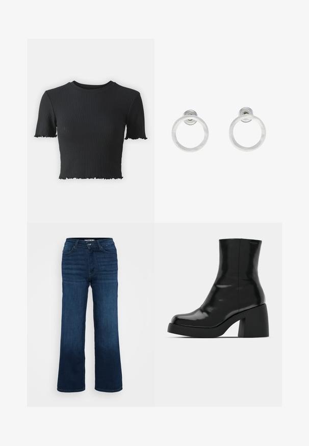 Juodas ripsuotas trumpas viršus su trumpomis rankovėmis, turintis apvalų iškirptę ir nusidėvėjusią hemą suteikiant tekstūros. Pagamintas iš tamprus audinys.; ONLY Petite ONLMADISON BLUSH WIDE - Platėjantys džinsai - dark blue denim; Juodi kulkšniniai batai su blizgiu paviršiumi, kvadratiniu pirštu ir storu blokiniu kulnu. Dizainas pasižymi be siūlių siluetu ir minimalia ženklinimo. ; Sidabriniai metaliniai auskarai žiedų pavidalu su šveitimo tekstūra, turintys apvalų dizainą ir skaidrų laikiklį saugiam dėvėjimui.