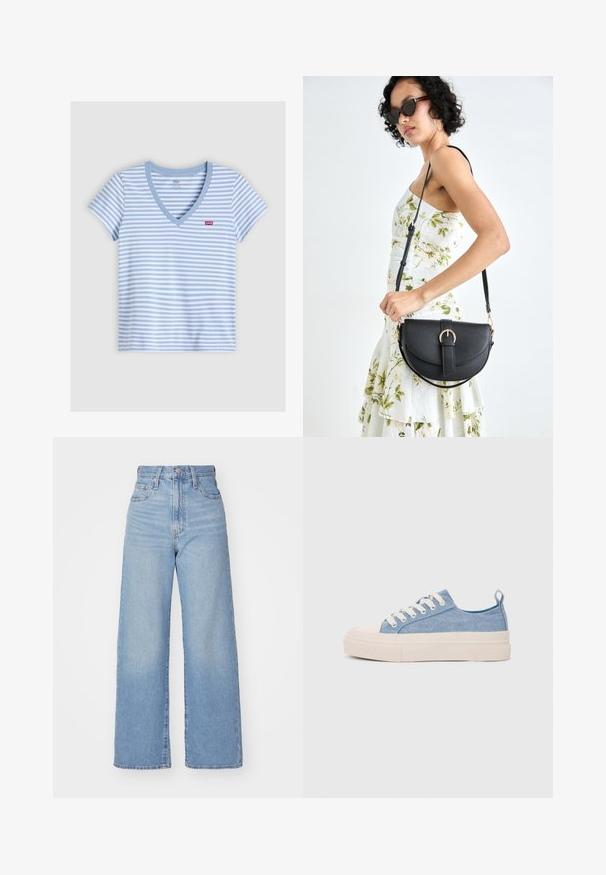 Levi's® THE PERFECT TEE V-NECK - T-shirts - dusty blue; Lys blå høytlivs vide jeans med knapp- og glidelås lukking foran, foran og bak lommer, på en hvit bakgrunn.; Lys blå canvastøfler med en kremfarget gummitupp og yttersåle, med hvite snørebånd og en løfteløkke på hælen.; Svart lærveske med en buet form, avtagbar stropp og gullbeslag. Vesken har et klaff med spenne-detall.