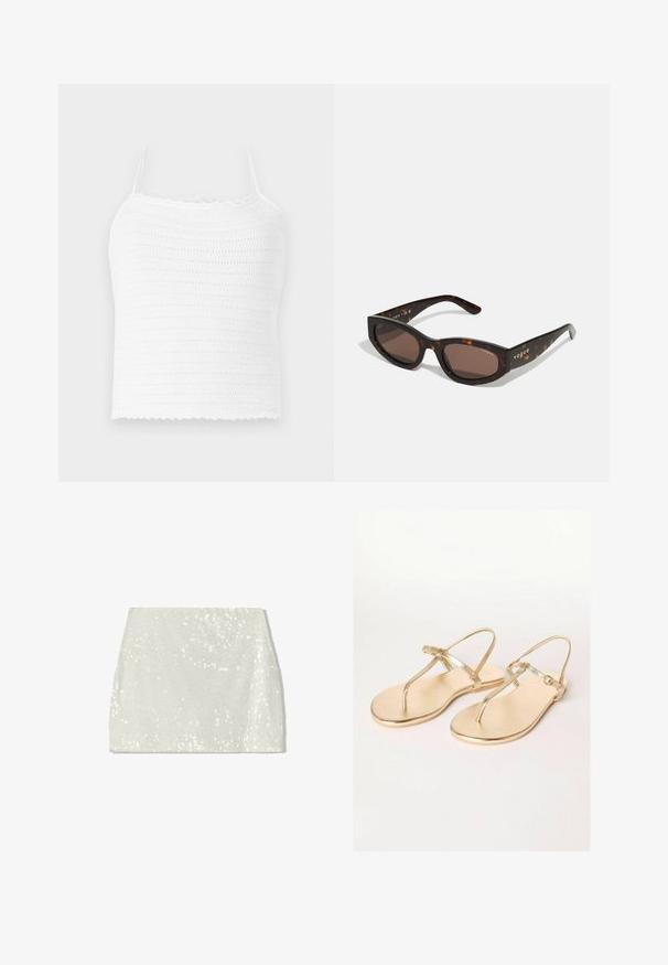Witte gehaakte crop top met verstelbare bandjes, voorzien van een gestructureerd patroon en een golfrand. Lichtgewicht en ademende stof.; Bershka A-lijn rok - white; Friends Like These REGULAR FIT - TOE THONG FIT - Teensandalen - gold; Bruine schildpadzonnebril met een rechthoekige vorm, donkerbruine lenzen en gouden 'vogue'-branding op de pootjes.; Metalen gouden schoudertas met een gebogen vorm, een gladde textuur, een platte schouderband en een decoratieve gesp detail aan de voorkant.