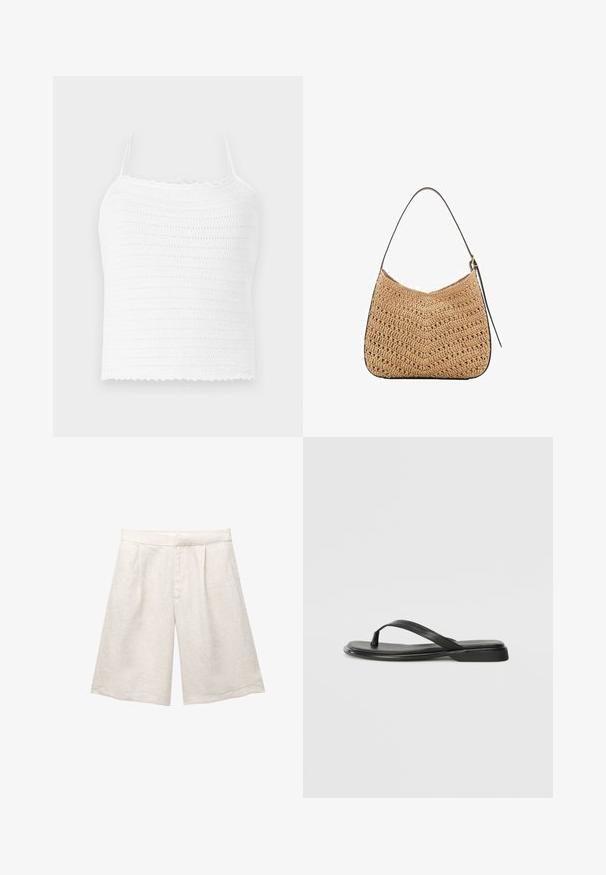 Biely háčkovaný crop top s nastaviteľnými ramienkami, s textúrovaným vzorom a oblým lemom. Ľahký a priedušný materiál.; Béžové ľanové šortky so širokými nohavicami, s prednými záhybmi a hladkým pásom. Tkanina má jemne textúrovaný povrch.; Čierne šľapky vyrobené z hladkej kože, s tenkým pásikom a plochou podrážkou s minimalistickým profilom. Bez výrazných vzorov alebo akcentov.; Tkaná slamenná ramenná taška s zakriveným tvarom, vybavená tmavou koženou rukoväťou a textúrovaným povrchom s vzorom v tvare chevron.; Náušnice v zlatej farbe majú nepravidelné textúrované tvary, zdobené zelenými drahokamami a bielymi perlami, zabezpečené klipsovými uzávermi.