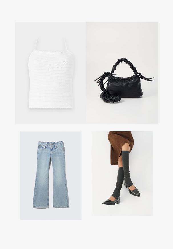 Bílý háčkovaný crop top s nastavitelnými ramínky, který má texturovaný vzor a vlnitý lem. Lehká a prodyšná tkanina.; Weekday NOVA - Džíny Slim Fit - lip blue; Černé lakované boty s špičatou špičkou, blokovým podpatkem a kotníkovým páskem, spárované s šedými žebrovanými návleky na nohy a hnědskou sukní z semiše.; Černá kabelka z umělé kůže s krokodýlím vzorem, staženým vrškem a zmačkaným popruhem. Zdá se, že má měkký a kompaktní design.