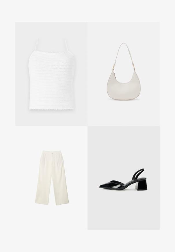 Weißes Häkel-Crop-Top mit verstellbaren Trägern, das ein strukturiertes Muster und einen gewellten Saum aufweist. Leichter und atmungsaktiver Stoff.; Helle Stoffhose mit weitem Bein und glatter Textur, ausgestattet mit einem einzelnen Knopf vorne, dezenten Falten und einem Hochbund-Design.; Schwarze Lackleder-Slingback-High Heels mit spitzem Schuh und einem geometrischen Blockabsatz. Verfügt über ein schlankes, minimalistisches Design und eine glatte Textur.; Cremfarbene Leder-Schultertasche mit einer Halbmondform, dünnem Schulterriemen und subtilen Stichdetails. Minimalistisches Design mit goldfarbenen Hardware-Akzenten.