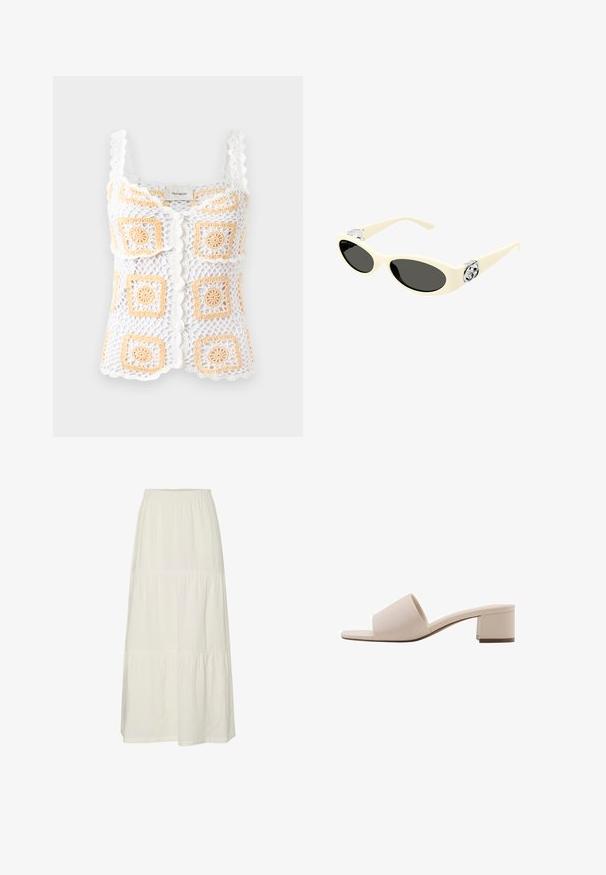 Biała narzutka szydełkowa z pomarańczowymi kwadratowymi wzorami, z falbaniastymi ramiączkami i zapięciem na guziki. Wykonana z lekkiego, strukturalnego materiału.; Biała, warstwowa maxi spódnica z lekkiego, teksturowanego materiału z elastycznym pasem. Posiada trzy wyraźnie oddzielone sekcje materiału.; Beżowe sandały na słupku z szerokim paskiem i otwartym noskiem. Gładki materiał i elegancki design. Krótki, solidny obcas dla stabilności.; Okulary przeciwsłoneczne w kolorze kremowym z owalnymi soczewkami, czarnym przyciemnieniem i metalowymi logo na zausznikach. Gładka faktura, design w stylu kociego oka.