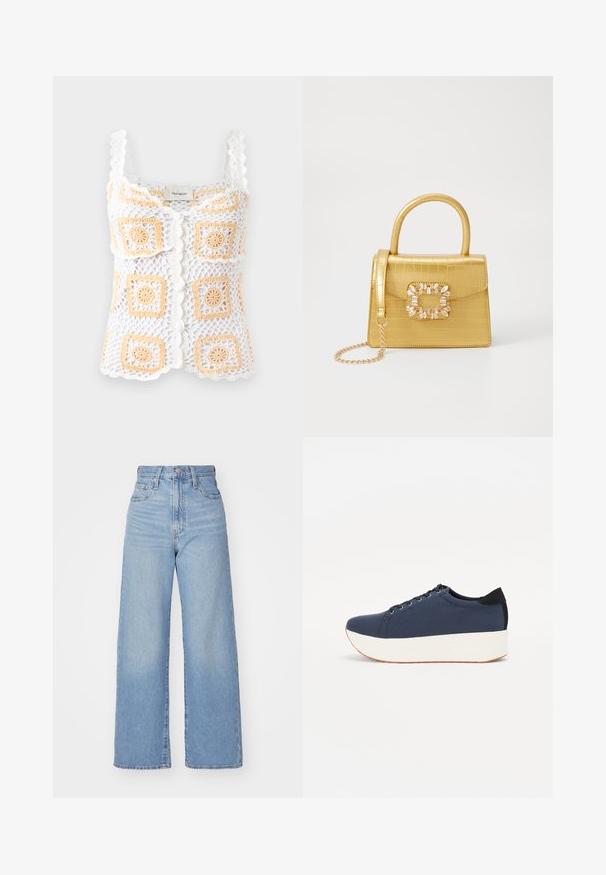 Fehér horgolt felső narancssárga négyzetmintákkal, fodros pántokkal és gombos zárással. Könnyű, texturált anyagból készült.; Világoskék, magas derekú, bő szárú farmernadrág, elülső gombbal és cipzárral, elülső és hátsó zsebekkel, fehér háttérrel.; Sötétkék sportcipő, texturált szövet felsőrész, fehér platform talp, lekerekített orr és fekete sarok akcentussal. Hat fűzőlyuk található rajta.; Sárga műbőr krokodil mintás kézitáska strukturált kialakítással, felső fogantyúval, leválasztható lánccal és díszes kristály díszítéssel a záron.