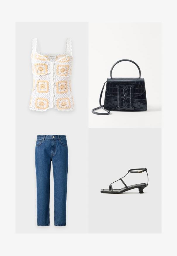 White crochet top with orange square patterns, featuring scalloped straps and a button closure. Made from lightweight, textured fabric.; Blue denim jeans with a straight-leg cut, featuring a button closure, belt loops, and front pockets. Made from textured cotton fabric.; Black leather sandal with a square toe, thin straps, adjustable ankle strap, and a low heel. Features a small gold accent on the strap.; Black crocodile-embossed leather handbag with a structured design, top handle, adjustable strap, and a prominent front logo detail.