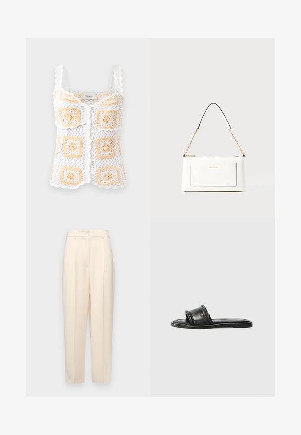 White crochet top with orange square patterns, featuring scalloped straps and a button closure. Made from lightweight, textured fabric.; Beige tailored trousers with a straight fit, featuring pleats at the front, a smooth texture, and a mid-rise waist. No visible pockets.; Black leather sandal with a woven strap detail, flat sole, and a sleek design. Smooth texture and minimalistic profile.; White leather handbag with a textured finish, featuring a gold chain strap and black accents. Includes a front pocket and zipper closure.