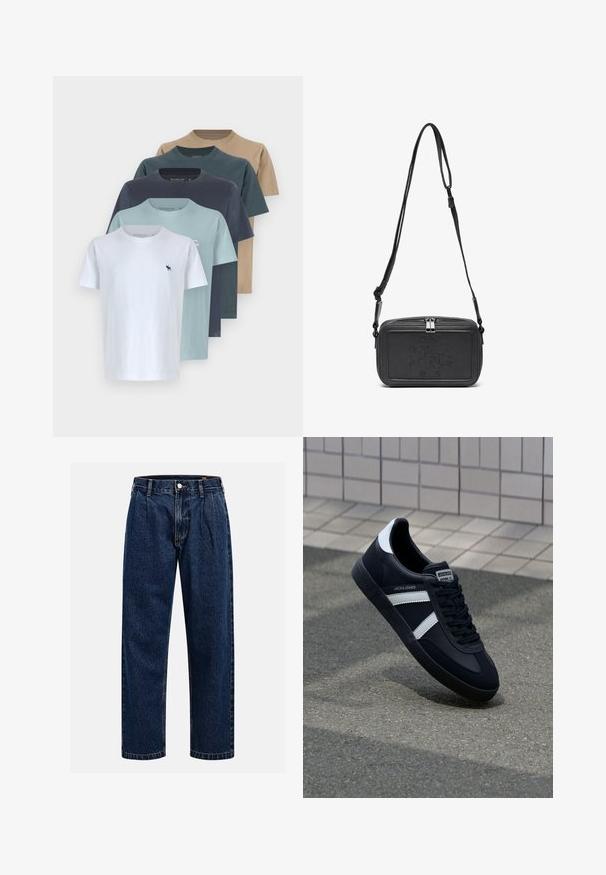 Öt darab pamut póló különböző színekben: fehér, világoskék, sötétkék, zöld és bézs. Klasszikus kerek nyakú dizájn kis logóval.; Sötétkék farmernadrág egyenes szabással. Jellemzői a látható varrás, gombos záródás és elülső redők a további részletekért.; Fekete bőr sportcipő fehér csíkokkal, textúrált gumitalppal és fűzős elejével. A nyelvén márkás címke található.; Fekete bőrből készült keresztbe hordható táska cipzáras záródással, dombornyomott logóval az elején és állítható pánttal. Simább textúrájú, téglalap alakú.