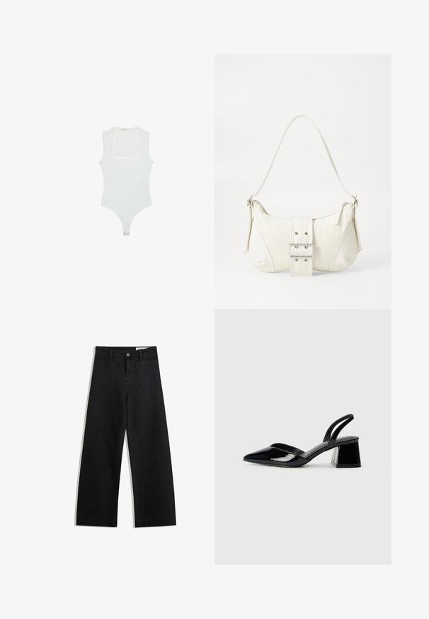 Weißer Body mit quadratischem Ausschnitt, ärmellosem Design, glatter Textur und Druckknopfverschluss am Boden. Schlichter und minimalistischer Stil.; Schwarze weit geschnittene Jeans mit hoher Taille, ausgestattet mit Vorder- und Hintertaschen, gesteppten Nähten und einem Knopfverschluss. Glatte Textur.; Schwarze Lackleder-Slingback-High Heels mit spitzem Schuh und einem geometrischen Blockabsatz. Verfügt über ein schlankes, minimalistisches Design und eine glatte Textur.; Weiße Schultertasche mit texturierter Oberfläche, zentralem Schnallenakzent und geschwungener Form. Reißverschluss an beiden Seiten.