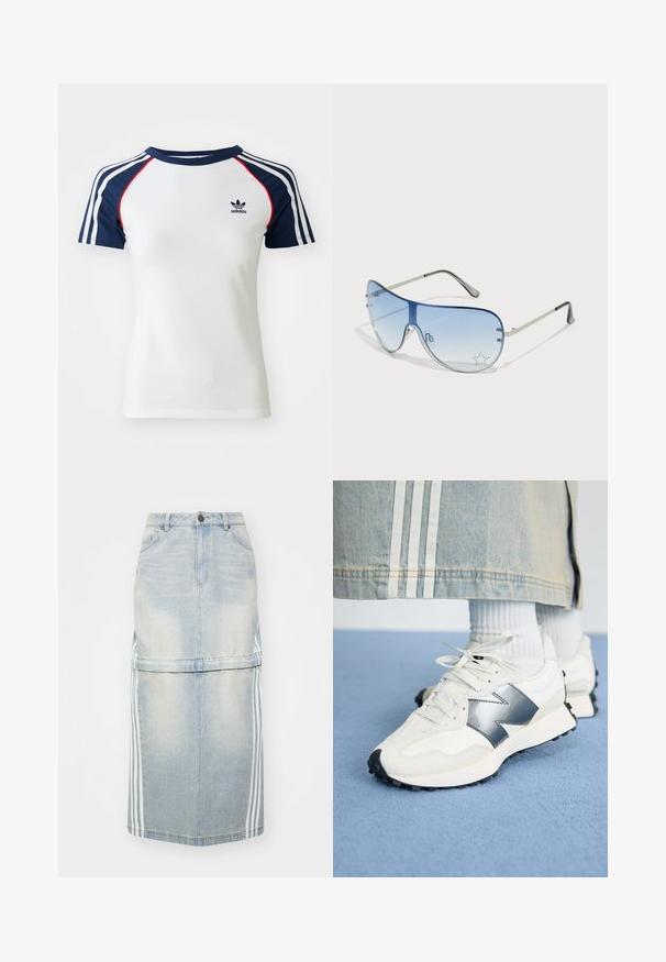 T-shirt de algodão branco com mangas raglan azul marinho, apresentando três riscas brancas e um pequeno logótipo da Adidas em preto no peito. Detalhes em vermelho.; Saia midi de ganga em azul claro, com riscas laterais, uma cintura ajustada e bolsos frontais. A textura desgastada adiciona detalhe.; Ténis atléticos brancos com um detalhe prateado, tecido texturizado e couro liso; com uma sola de borracha preta e atacadores.; Óculos de sol aviador com lentes azuis em degradê, armação metálica prateada e detalhes decorativos de estrelas nas lentes. Design suave e elegante.