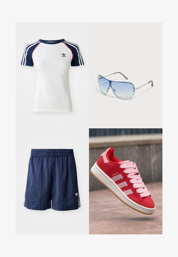 Fehér pamut póló navy kék, raglán ujjakkal, három fehér csíkkal és egy kis fekete Adidas logóval a mellkasán. Piros részletek.; Tengerés kék rövidnadrág fehér függőleges csíkokkal, rugalmas derékpánttal, oldalsó zsebekkel és egy kis fehér logóval a bal oldalon. Sima szövettextúra.; Piros velúr sportcipő rózsaszín részletekkel, három fehér csíkkal és világos rózsaszín fűzőkkel. Fehér középtalp és gumírozott talp.; Pilóta napszemüveg, melynek áttetsző kék lencséje, ezüst fém kerete és díszes csillag díszítések találhatók a lencsén. Simogató és elegáns dizájn.