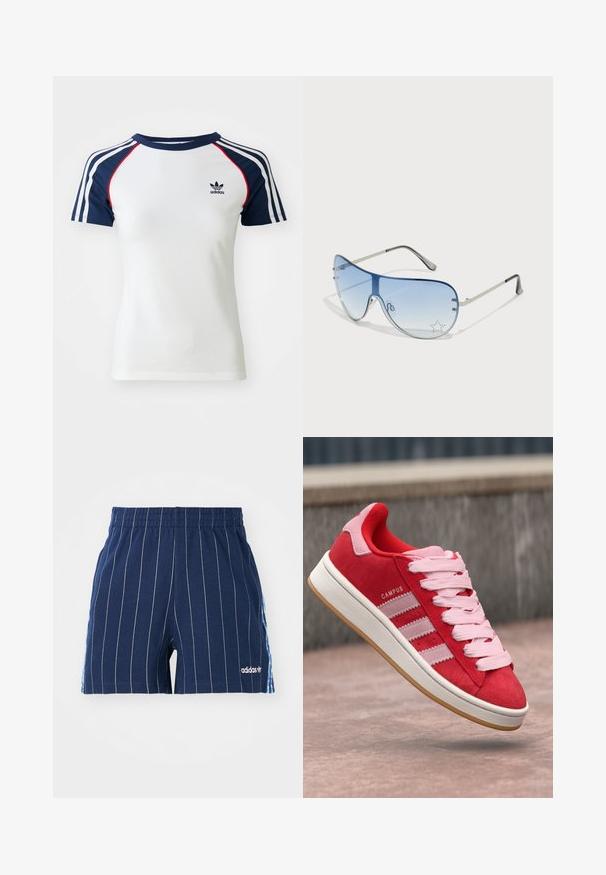 Witte katoenen t-shirt met marineblauwe raglanmouwen, voorzien van drie witte strepen en een klein zwart Adidas-logo op de borst. Rode accenten.; Navy blauwe shorts met witte streepjes, elastische tailleband en het Adidas-logo. Kenmerkt blauwe accenten aan de zijkanten, gemaakt van een katoenmix.; Rode nubuck sneakers met roze accenten, voorzien van drie witte strepen en lichtroze veters. Witte tussenzool en gumrubberen buitenzool.; Aviator zonnebril met een gradient blauwe lens, zilveren metalen frame en decoratieve sterrenaccenten op de lens. Glad en strak ontwerp.