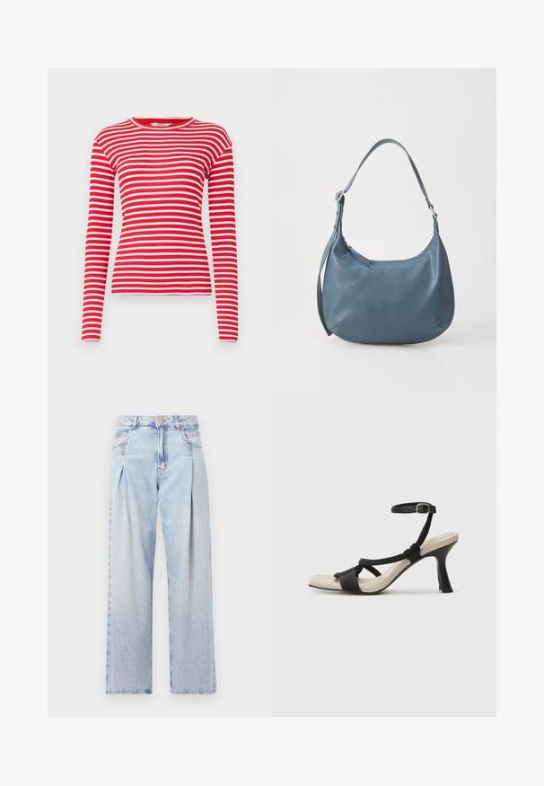 Czerwona i biała koszula z długim rękawem, wykonana z prążkowanej tkaniny, z okrągłym dekoltem i dopasowanym krojem. Wzór to poziome paski.; Jasnoniebieskie dżinsy z wysokim stanem, szerokimi nogawkami, dwoma bocznymi kieszeniami oraz plisowanym wzorem. Miękka tekstura z wyblakłym wykończeniem.; Czarne sandały na obcasie z plecionym paskiem, kwadratowym noskiem i regulowanym paskiem na kostkę. Jasnobeżowa wkładka z błyszczącym czarnym obcasem.; Niebieska skórzana torebka o zaokrąglonym kształcie, z jedną rączką na ramię, zamykana na zamek błyskawiczny, z wytłoczonym logo na przodzie. Gładka faktura.