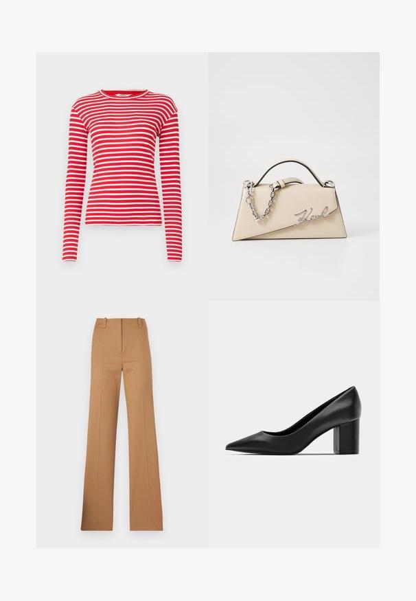 Rdeča in bela prugasta bluza z dolgimi rokavi, izdelana iz rebrastega materiala, z okroglo ovratnico in oprijetim krojem. Vzorec sestavljajo vodoravne črte.; HUGO HULANA - Hlače chino - open brown; Črne usnjene pete z ostrim nosom in masivnim kvadrataškim peto. Gladka textura, preprost dizajn, primeren za formalne priložnosti.; Bežna usnjena torbica s strukturirano, trikotno obliko, z zlatim verižnim ročajem in povečenim logotipom iz kovine.