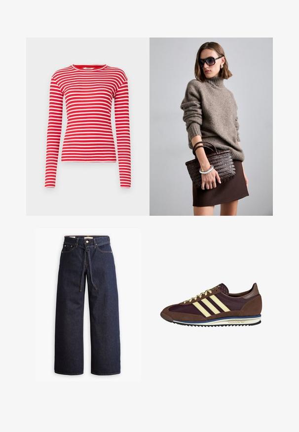 Rode en witte gestreepte langemouwen shirt, gemaakt van ribbelstof, met een ronde halslijn en een aansluitend ontwerp. Patroon is horizontale strepen.; Wijd pijpjes donkerblauwe denim jeans met een hoge taille, voorzien van een trekkoord, vijf zakken en contrasterende stiksels.; Bruine en bordeauxkleurige sneaker van suede en mesh materiaal, met drie crèmekleurige strepen, een gemêleerd stof op de tong en een rubberen zool.; DRAGON DIFFUSION MINI FLAT GORA - Handtas - dark brown