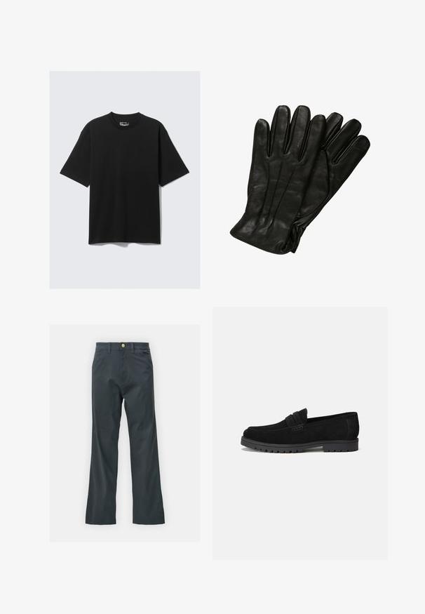 Melnā kokvilnas T-kreklā ar īsām piedurknēm, ar apaļu kakla izgriezumu, kas raksturojas ar brīvu piegriezumu un minimālistisku dizainu. Nav rakstu vai akcentu.; Melnas bikses ar taisnu kāju griezumu, izgatavotas no kokvilnas maisījuma auduma. Tām ir metāla pogas aizdare un sānu kabatas. Nav redzamu rakstu.; Melnas zamšādas loafers ar noapaļotu purngalu un izšūtu akcentu priekšpusē. Gumijas zole ar redzamām protektoru nolūkiem, lai nodrošinātu saķeri.; Melna ādas cimdi ar gludu faktūru, piecām pirkstiem un delikātiem izšuvumiem. Klasisks dizains, piemērots aukstam laikam.