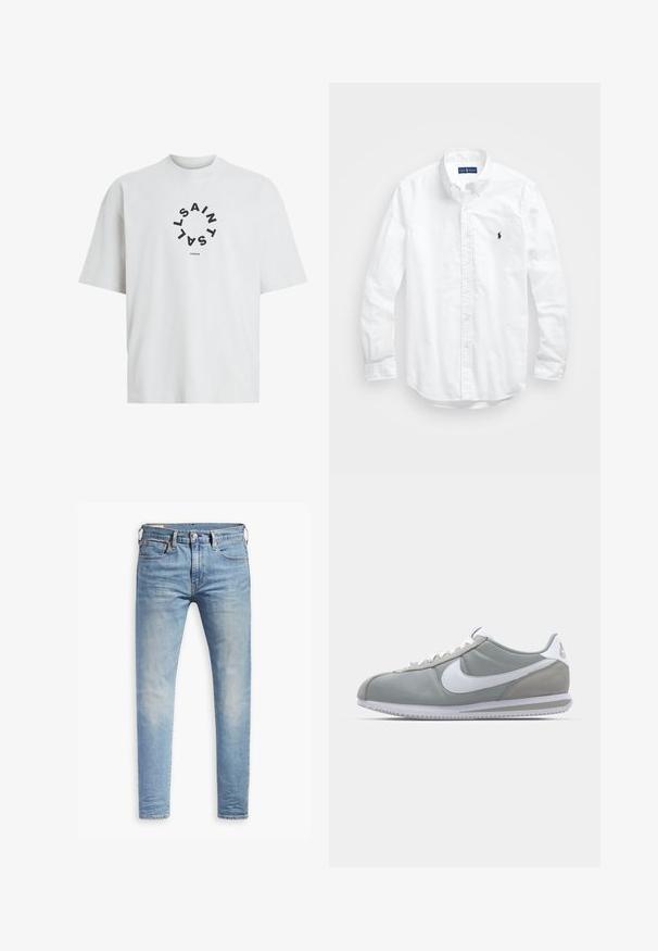 Bílá bavlněná tričko s kulatým černým grafikou, na které je text "SAINT LAURENT LONDON" v kruhovém uspořádání. Krátké rukávy.; Bílá košile s dlouhým rukávem a knoflíkovým zapínáním vyrobená z bavlny. Má klasický límec, knoflíkové manžety a malé námořnické vyšívané logo na hrudi.; Světle modré slim-fit džíny s mírným vyblednutím na stehnech, zapínání na knoflík vpředu, poutka na opasek a pět kapes na bílém pozadí.; Šedá sportovní bota s svrchní částí z semiše a textilu, bílým logem Nike a bílými tkaničkami. Obsahuje texturovanou gumovou podrážku a polstrovaný límec.