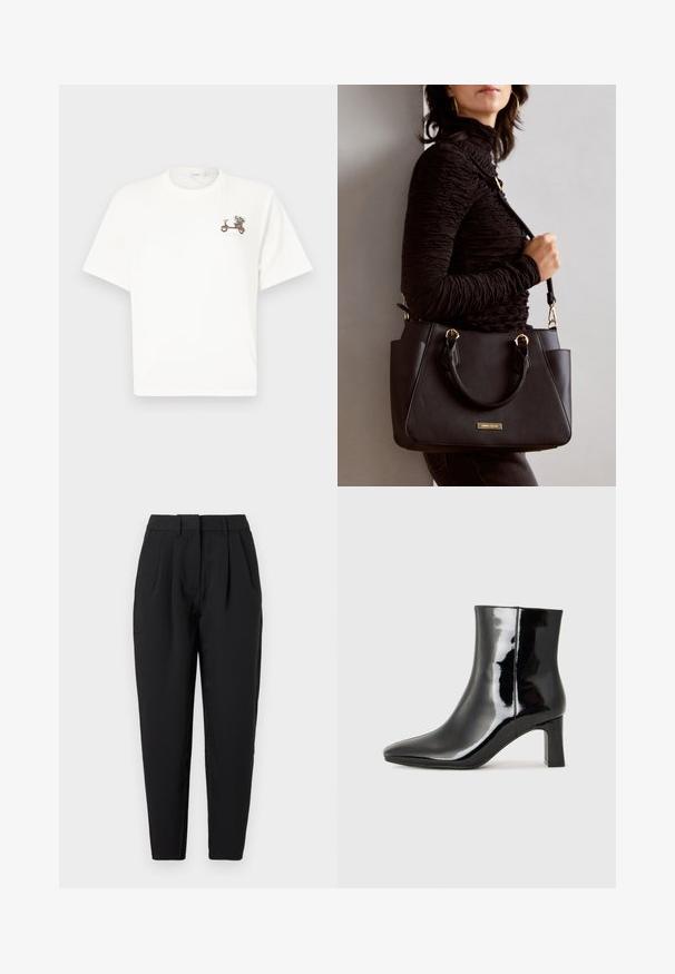 Hvit bomulls t-skjorte med grafikk av en scooter med blomster, kortermet og rund hals. Glatt tekstur, uformell design.; Sorte bukser med rett passform, med legg foran, en jevn tekstur og sidelommer. Livet er av standard høyde.; Sorte patentlær ankle boot med spiss tå og en mellomhøy blokkhelt. Glatt tekstur og minimalistisk design.; Svart håndveske med teksturert overflate, doble topphåndtak og justerbar skulderrem. Har detaljer i gulltone og sidelommer.