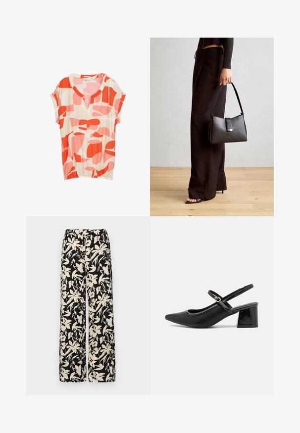 Bluză cu mânecă scurtă dintr-un material ușor, având un fundal bej cu forme abstracte în nuanțe de roșu și roz, și un decolteu în V.; Pantaloni negri cu croi larg, decorati cu un model floral crem. Fabricati dintr-un material usor, avand o textura neteda si un talie inalta.; Cizme cu toc slingback din piele sintetică lacuită neagră, cu vârful ascuțit, un design cu decupaj rotunjit și toc bloc. Include un accent cu cataramă de culoare aurie.; Genți negre cu o formă structurată, textură netedă și un închizător metalic. Asortată cu pantaloni negri largi și sandale cu vârf deschis pe un podea din lemn.