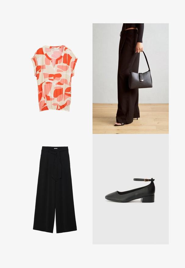 Blusa a maniche corte realizzata in tessuto leggero, con uno sfondo beige e forme astratte rosse e rosa, e un design a V.; Pantaloni neri a gamba larga caratterizzati da un tessuto testurizzato, una vita elastica e una cintura staccabile per una vestibilità regolabile.; Pump in pelle nera con punta affusolata e tacco basso a blocco. Presenta una cinghia alla caviglia con una fibbia in tonalità oro. Texture liscia.; Borsa nera con forma strutturata, texture liscia e una chiusura metallica. Abbinata a pantaloni neri larghi e sandali open-toe su un pavimento in legno.