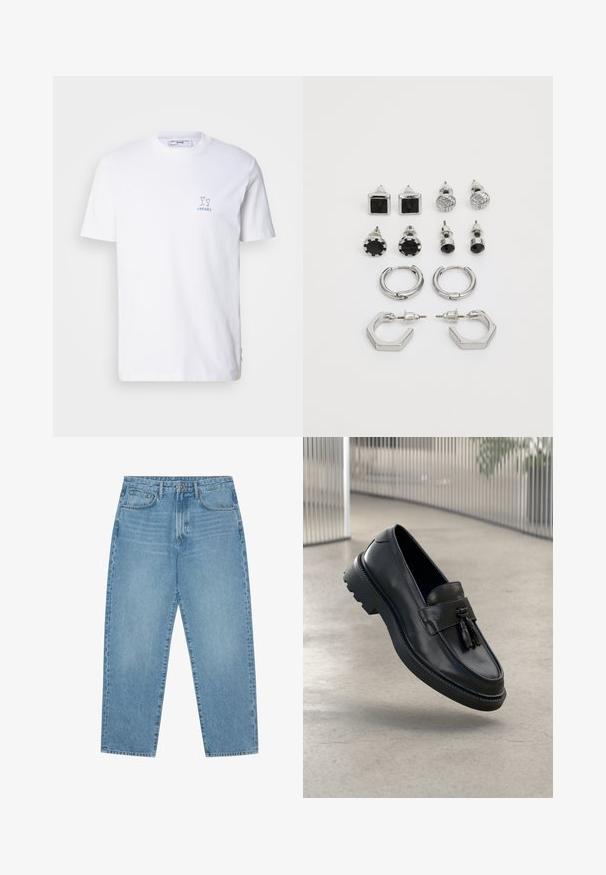 Hvid bomulds T-shirt med korte ærmer, der har en lille blå grafik af to glas og ordet "CHEERS" trykt nedenfor.; Lys blå denim wide-leg jeans med høj talje, der har fem lommer, bæltestropper og en blød, let falmet tekstur.; Sorte læderloafer med glat finish, dekorativ kvast, tyk gummisål og syede detaljer. Let og elegant design.; Sølvfarvet øreringe sæt, der indeholder to par hoops og seks par studs med forskellige former og teksturer, herunder sorte accenter.