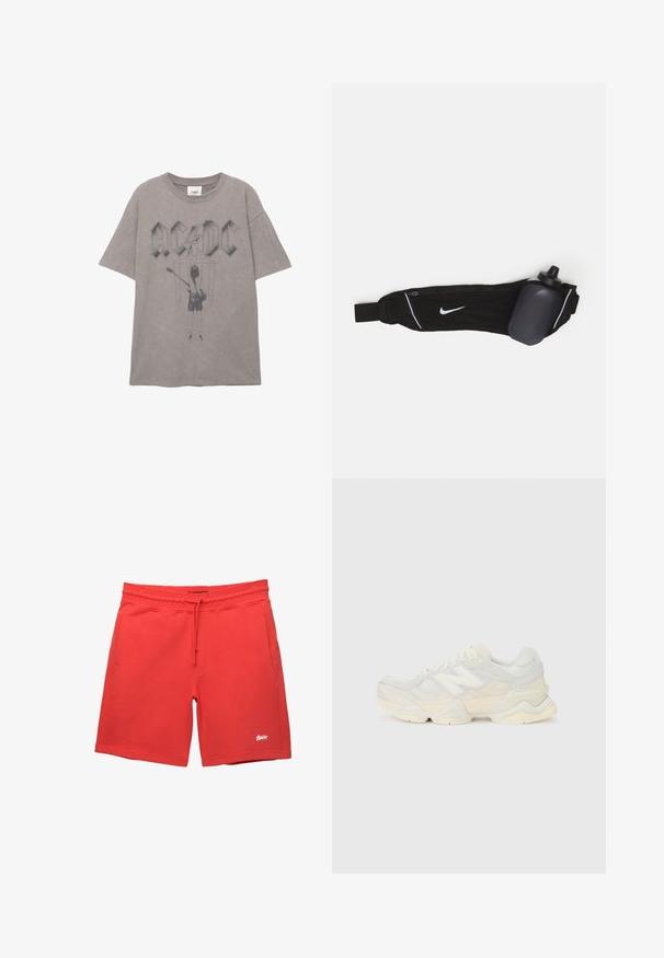 Siva pamučna majica s kratkim rukavima i okruglim izrezom, na kojoj se nalazi veliki AC/DC logo i grafika gitarista na leđima.; Crvene pamučne kratke hlače s elastičnim pojasom, bočnim džepovima i malim bijelim logotipom na lijevom rubu. Glatka tekstura, ravni kroj.; Lagana tenisica s gornjim dijelom od mrežice i antilopa u blagim krem tonovima, srobustnom potplatom i trodimenzionalnim detaljima.; Crna torba za bocu vode s remenom koji se može prilagoditi, sa bijelim Nike logotipom, sivim držačem za bocu vode i bijelim detaljima od konca.