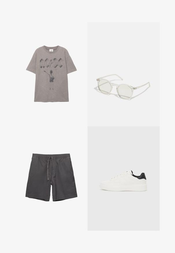 Siva bombažna majica z velikim logotipom AC/DC in grafiko kitarista na hrbtni strani, z kratkimi rokavi in krožnim izrezom.; Sive kratke hlače iz bombaža z elastičnim pasom, nastavljivim vezanjem, stranskimi žepi in sproščenim krojem. Gladka tekstura in dolžina do kolen.; Beli usnjeni superge z embosiranim vzorcem, teksturiranimi belimi srednjimi podplati in črnim poudarkom na peti. Imajo zaobljen nos in ravne vezalke.; Okrogle sončna očala s prozornim okvirjem, svetlo zelenimi lečami in tankimi, prozornimi ročaji. Imajo subtilne kovinske poudarke na okviru.