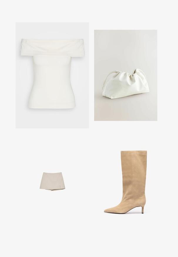 Biała bluzka typu off-the-shoulder, wykonana z elastycznego materiału, dopasowany krój, gładka struktura z szerokim dekoltem i krótkimi rękawami. Bez wzorów ani zdobień.; Beżowy spódniczko-spodenki dla kobiet z lekkim rozcięciem z przodu i przyszytymi spodniami, zaprezentowane na białym tle.; Beżowe zamszowe muszki do kolan z ostro zakończonym noskiem i cienkim obcasem. Posiada pionowe szwy wzdłuż cholewy dla dodatkowego detalu.; Biała torba z sztucznej skóry o zgromadzonej strukturze, z zapięciem na sznurek i gładką teksturą. Wygięty kształt z miękkimi fałdami i minimalnymi elementami metalowymi.