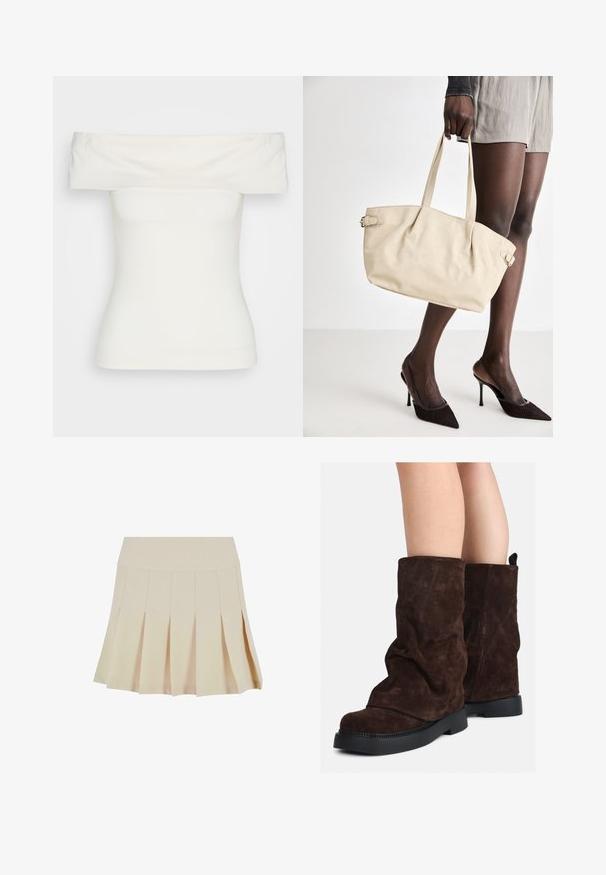 Weiße schulterfreie Bluse aus dehnbarem Stoff, figurbetontes Design, glatte Textur mit weitem Ausschnitt und kurzen Ärmeln. Keine Muster oder Akzente.; Beige Faltenrock mit einem taillierten Bund, aus einem glatten Stoff gefertigt. Verfügt über mehrere vertikale Falten und einen geraden Saum.; Braune Wildleder-Stiefel bis zur Wade mit schwarzen Gummisohlen, die an nackten Beinen getragen werden und leichte Faltenbildung an den Schafthaltern aufweisen.; Beige Tote-Bag mit einer glatten Leder-Oberfläche, strukturiertem Design, zwei Griffen und seitlichen Schnallendetails. Kombiniert mit eleganten schwarzen Absatzschuhen.