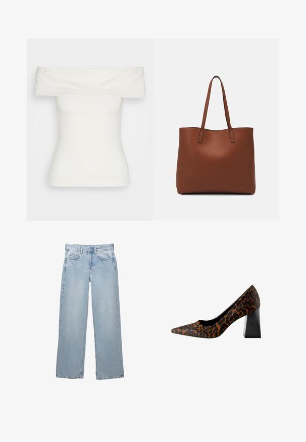 Hvid off-the-shoulder top lavet af strækbart stof, tætsiddende design, glat tekstur med bred halsudskæring og korte ærmer. Ingen mønstre eller accenter.; Lys blå denim jeans med bred bendesign, med en knap- og lynlåslukning, fem lommer og minimale syninger.; Spidse kvinder pump med overdel i brun og sort leopardprint og tyk, sort blokhæl mod en hvid baggrund.; Brun læder tote taske med en glat overflade, åben topdesign og to skulderremme. Har minimal syning og ingen synlig hardware.
