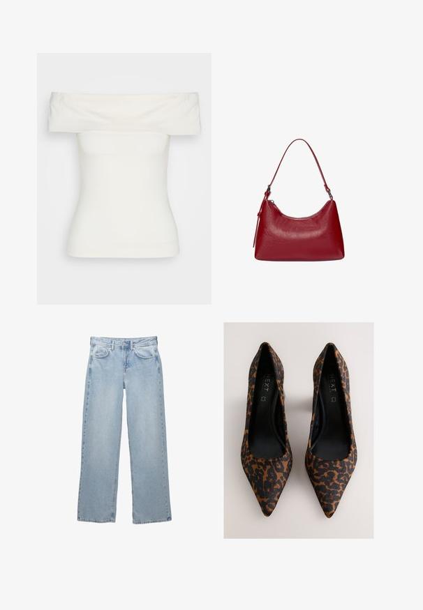 Valkoinen olkaimeton toppi, joka on valmistettu venyvästä kankaasta, vartaloa myötäilevä muotoilu, sileä pinta, leveä pääntie ja lyhyet hihat. Ei kuviota tai asusteita.; Vaaleansiniset farkut, joissa on leveä lahjemuotoilu, nappi- ja vetoketjusuljenta, viisi taskua sekä vähäiset ompeluyksityiskohdat.; Leopardikuvioiset korkokengät, joissa on terävä kärki ja sileä musta sisäpinta. Kuvioitu pinta sisältää tummanruskeita ja vaaleanruskeita kuvioita mustalla pohjalla.; Punokas nahkainen olkalaukku, jossa on kaareva muotoilu, sileä pinta ja vetoketjuluukku. Laukussa on ohut kantohihna.