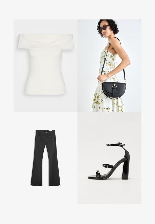 Bijela majica bez ramena izrađena od rastezljivog materijala, prilagođenog dizajna, glatke teksture s širokim izrezom i kratkim rukavima. Bez uzoraka ili akcenta.; Crne široke traperice od denima s glatkom teksturom, s dva stražnja džepa i kopčanjem na dugme u struku.; Crne lakirane sandale na pete sa kvadratnim nosom, trakama oko gležnja i srebrnim kopčama. Imaju čvrst blok petu za stabilnost.; Crna kožna torba s lukovitim oblikom, odvojivim remenom i zlatnim detaljima. Torba ima preklop s kopčom.