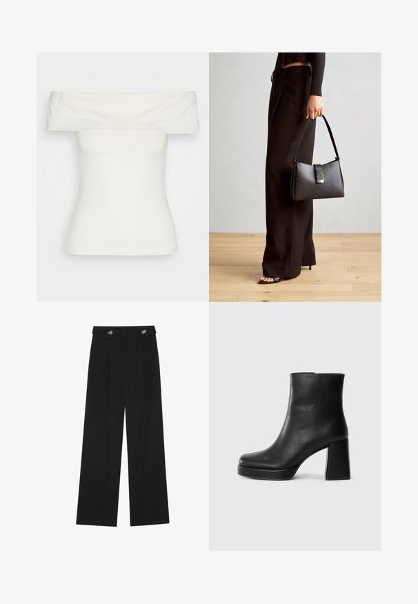 Hvid off-the-shoulder top lavet af strækbart stof, tætsiddende design, glat tekstur med bred halsudskæring og korte ærmer. Ingen mønstre eller accenter.; Sorte vide bukser med høj talje, knapdetaljer på taljebåndet og frontfald.; Sort læder ankelstøvle med blokhæl og platformssål, set fra siden på en ensfarvet hvid baggrund.; Sort håndtaske med struktureret form, glat overflade og metalspænde. Sammen med brede sorte bukser og sandaler med åben tå på trægulv.