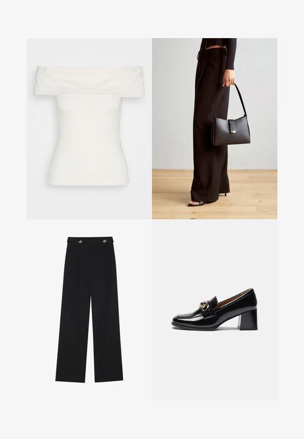 Fehér, váll nélkül viselhető felső, rugalmas anyagból készült, testhezálló kialakítással, sima felülettel, széles nyakkivágással és rövid ujjakkal. Nincsenek minták vagy díszítések.; Fekete, bő szárú nadrág magas derékkal, gombos részletekkel a derékrészen és elülső pliszékkal.; Fekete lakk bőr magassarkú loaferek, lekerekített orral, vastagabb sarokkal, arany színű díszítéssel az elülső pánton.; Fekete kézi táska strukturált formával, sima textúrával és fémből készült záródással. Széles fekete nadrággal és nyitott orrú szandállal párosítva, fából készült padlón.