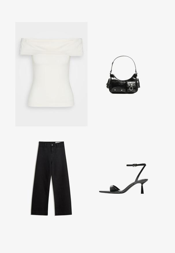 White off-the-shoulder top made of stretchy fabric, fitted design, smooth texture with wide neckline and short sleeves. No patterns or accents.; Black wide-leg denim pants with a high waist, featuring front and back pockets, stitched seams, and a button closure. Smooth texture.; Bershka High heeled sandals - black; Black patent leather handbag with a curved shape, one shoulder strap, front pockets, and silver-tone hardware accents.