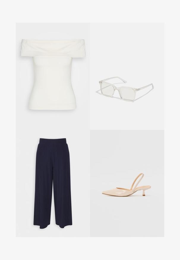 Hvit av-og-på-skulder topp laget av elastisk stoff, tettsittende design, glatt tekstur med vid halslinning og korte ermer. Ingen mønstre eller detaljer.; Bredde bukser i mørk marineblå stoff med ribbet tekstur. Har en glatt midje og en luftig silhuett, som når midt på leggen.; Beige patenterte lærremmer med spiss tå og slank, firkantet hæl. Glatt tekstur og minimalistisk design uten dekorasjoner.; Klare plastiske briller med kvadratisk innfatning og gjennomsiktige linser, med gullfiner på brillestengene for ekstra detalj.; Hvit strukturert håndveske med korte håndtak og skulderreim, med detaljer i gullfinish og teksturert materiale, vist mot en grå bakgrunn.