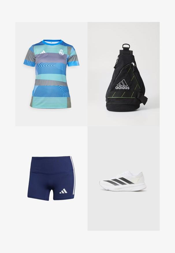 Blauw-groene sporttrui met een patroon, korte mouwen, een ronde halslijn en het geborduurde clublogo op de borst.; Donkerblauwe sportshorts met een strakke pasvorm, gemaakt van gladde stof, met witte zijstrepen en een logo op de linkeronderzijde.; Witte sportschoen met zwarte diagonale strepen, bovenwerk van gaas, ronde neus en gestructureerde zool. Accenten zijn onder andere een zilveren hak en een minimalistisch ontwerp.; Zwarte stoffen schoudertas met een gestructureerd oppervlak, wit logo, groene accenten, verstelbare schouderriem en een voorvak met rits. Compacte en driehoekige vorm.