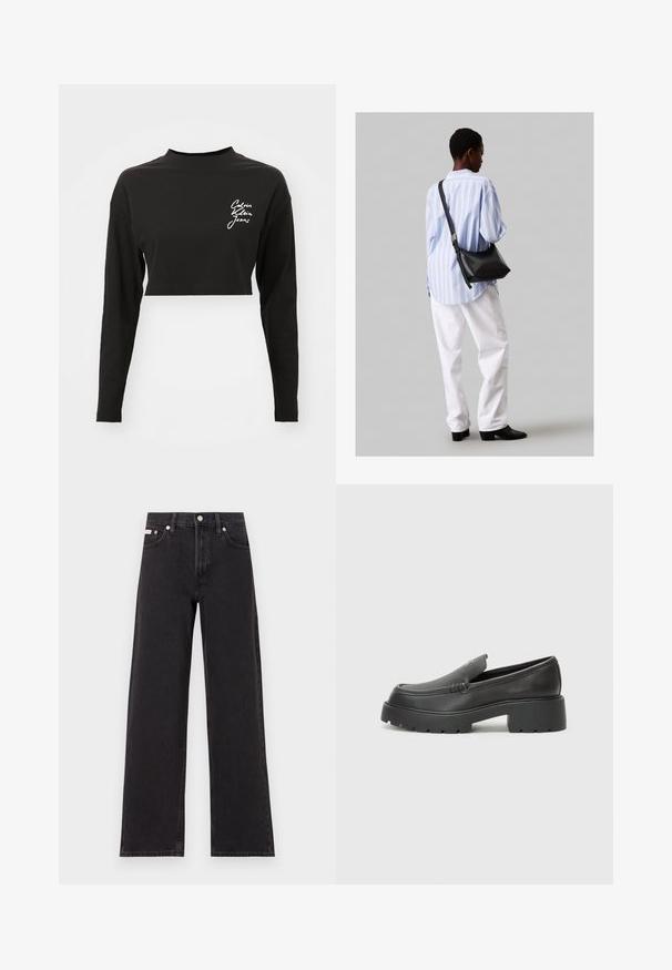 Sort langærmet cropped top lavet af blødt bomuld, med høj halsudskæring og et hvidt logo på venstre brystområde.; Sorte vidde jeans lavet af denim, med høj talje, fem-lomme stil og en metalknap lukning med kontrasterende syninger.; Sorte læder loafers med rund tå, tyk tekstureret sål og minimale syninger. Elegant design uden synlige snørebånd eller hardware.; Sort læder skuldertaske med en blød tekstur, trekantet form og justerbar strop, kombineret med en lyseblå stribet skjorte og hvide bukser.