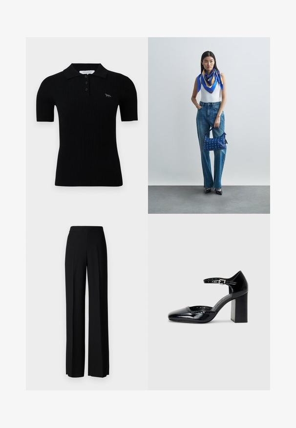 Melnā ribota polo krekls ar klasisku apkakli, trīs pogu aizdari un nelielu izšuvumu uz kreisā krūšu.; Melni platleği bikses ar gludu tekstūru, ar augstu jostasvietu un centrālajām krokām. Nav redzamu rakstu vai aparatūras detaļu.; Melna lakota ādas augstpapēžu kurpes ar kvadrātu purngalu, potītes siksniņu un masīlu papēdi. Iekļauj perforētu apdari gar malu.; Sieviete ar baltu bezpiedurkņu blūzi, ziliem džinsiem ar sānu kniedēm, zilu rakstainu šalli, melniem papēžiem, turot zilu monogrammu rokassomu pret neitrālu sienu.