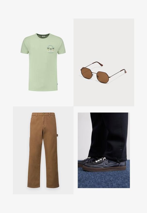 Shiwi Marškinėliai su spaudiniu - dust green; Rudos medvilniniai cargo džinsai tiesiomis kojomis, su šoninėmis kišenėmis ir metaliniu mygtuko uždarymu ties liemeniu. Lygi tekstūra ir kasdieniškas dizainas.; Nike Sportswear KILLSHOT 2 LTR PRM OPP2 - Sportbačiai - black sail baroque brown mtlc dk grey; Rudos aštuonkampiai saulės akiniai su plonomis tamsiomis metalinėmis rėmeliais, reguliuojamais nosies pagalvėlėmis ir rudais tamsintais objektyvais; šventyklos turi oranžinį akcentą.