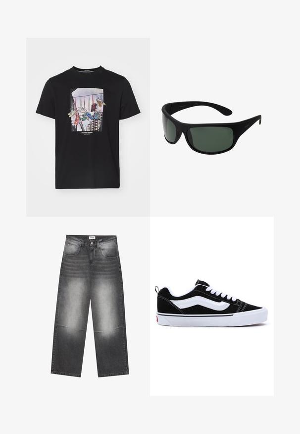 Schwarzes Baumwoll-T-Shirt mit einem Grafik-Motiv von Turnschuhen, die an einer Leine hängen, vor einem hellen Hintergrund, mit dem Text "WEEKEND OFFENDER" darunter.; Schwarze Jeans mit weitem Bein aus Denim mit einem verblassten grauen Finish, ausgestattet mit Fronttaschen, einem Knopfverschluss und leichten Abnutzungserscheinungen an den Knien.; Schwarze Wildleder-Sneaker mit weißen Akzenten, im Niedrigschnitt-Design, mit Schnürverschluss und einer dicken weißen Gummisohle. Markenlogo auf der Ferse.; Schwarze Wraparound-Sonnenbrille mit dunkelgrünen Gläsern. Mattes Finish, geschwungenes Design, mit geraden Bügeln und dezentem Branding an der Seite.; Set aus sieben silbernen Ringen mit verschiedenen Designs, einschließlich verdrehter, verbundener und gravierter Muster. Unterschiedliche Formen und Breiten.