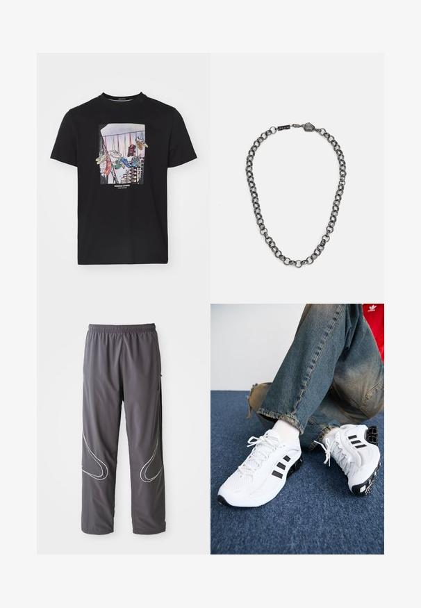 Čierne bavlnené tričko s grafickým motívom tenisiek visiacich z šnúrky na svetlom pozadí s textom "WEEKEND OFFENDER" pod ním.; Pánske šedé športové nohavice s elastickým pásom, zipsovými vreckami a reflexnými bielymi akcentmi po stranách. Ľahký, hladký povrch.; Biele sieťované športové topánky s čiernymi akcentmi, ktoré majú textúrovaný dizajn a charakteristickú podrážku, v kombinácii s modrými džínsami.; Kovová retiazka na krk s predĺženými článkami v tmavej gunmetalovej farbe. Obsahuje geometrický akcent a uzáver s detailom značky.