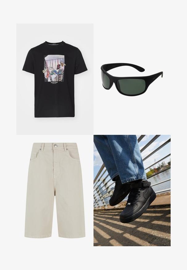 Musta puuvillane T-särk, millel on graafiline kujutis tossudest, mis rippuvad nöörilt heledal taustal, allpool tekst "WEEKEND OFFENDER".; Beige farkut lyhyet housut, joissa on suora leikkaus, etuvajaus ja neljä taskua. Kangas on sileä ja siinä on minimaalinen ompelutyyli.; Mustat Nike Air Force 1 -kengät, joissa on nahkapäällinen, verkko kieli ja kumipohja. Kengissä on korkeakuppinen muotoilu ja paksut nauhat.; Mustat wraparound aurinkolasit tummanvihreillä linsseillä. Matte-pinta, kaareva muotoilu, suorat sivupäät ja hillitty brändäys sivussa.; Setti seitsemän hopeasormusta, joissa on erilaisia muotoiluja, kuten kierrettyjä, linkitettyjä ja kaiverruksilla varustettuja kuvioita. Eri muotoja ja leveydet.