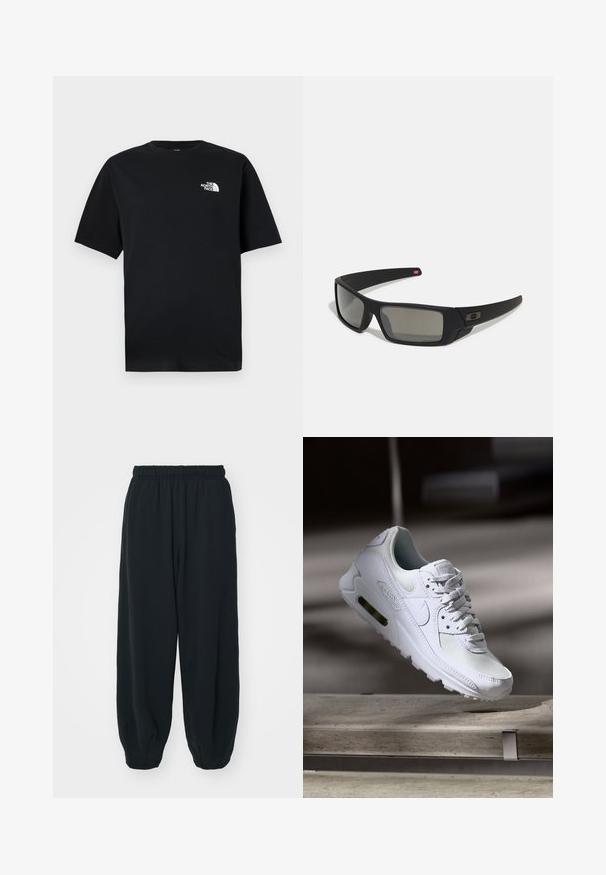 T-shirt de algodão preto, de mangas curtas, decote redondo, apresenta um pequeno logotipo branco na área do peito esquerdo, textura suave, corte casual.; Calças de fato de treino pretas, com cintura elástica e um corte solto, com punhos nas pernas, textura suave e sem padrões visíveis ou detalhes de metal.; Sapatilha Nike Air Max 90 branca com parte superior em malha e couro, caixa de dedos perfurada e uma unidade de ar visível no calcanhar.; Óculos de sol pretos com acabamento mate, lentes retangulares, leve curvatura nas hastes, detalhe sutil do logo e lentes de cor fumada.