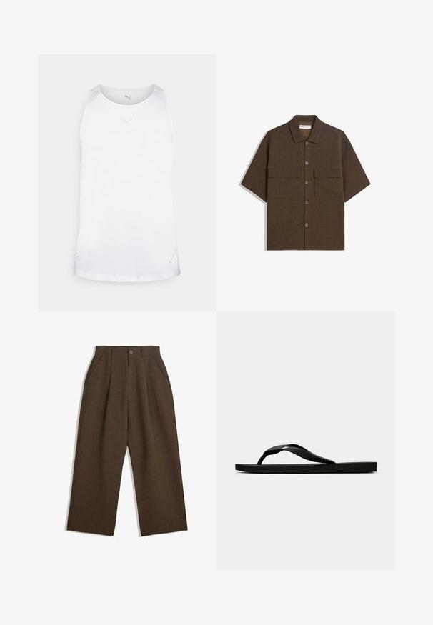 Top din bumbac alb pentru sport, cu decolteu rotund, design fără mâneci și un logo imprimat subtil pe piept. Dispune de mici orificii de ventilație pe laterale.; Cămașă cu mâneci scurte, de culoare maro închis, fabricată dintr-un material texturat. Prezintă un sistem de închidere cu nasturi în față și două buzunare pe piept. Design casual, cu o croială lejeră.; Pantaloni plisati maro cu un design cu picioare largi, prevazuti cu inchidere cu nasture si buzunare laterale, realizati dintr-un material texturat, potriviti pentru purtarea casual.; Sandala flip-flop din cauciuc negru, cu un bretele texturat și o talpă simplă și plată, prezentată din lateral pe un fundal simplu și deschis.