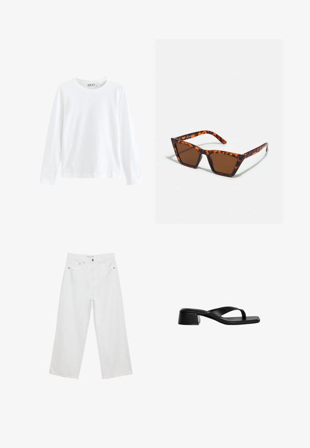 Bela majica s dolgimi rokavi iz bombaža, z okroglim izrezom in preprostim dizajnom, z enakomerno teksturo in brez vidnih vzorcev ali dodatkov.; Bele široke hlače iz denima, visoke pasu, z petimi žepi in kovinskimi dodatki. Gladek tekstur, brez vidnih vzorcev.; Črne usnjene sandale s peto imajo obliko thong traku, kvadratni nos in nizko blok peto. Gladka tekstura z minimalističnim stilom.; Sončna očala rjave barve s vzorcem ščurjenja, kotno obliko in ozkimi ročaji. Lahka plastična material.; Črna usnjena torba za ramo z mehkobo, ohlapno zasnovo, širokimi ročaji in gladko teksturo. Ni vidne opreme ali okraskov.