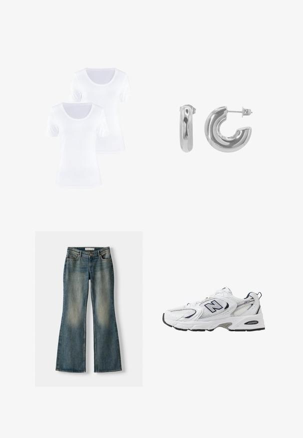 Two white short-sleeve t-shirts with a round neckline, made of soft cotton fabric, featuring a smooth texture and clean design.; Blue flared jeans with a faded wash, five pockets, and a button closure. Material shows a denim texture with subtle stitching details.; White athletic shoe with mesh upper, navy accents, and cushioned sole. Features "N" logo, laces, and textured detail on side.; Silver metal earrings with a smooth, shiny finish. One is a closed hoop; the other is a partially open, curved design.