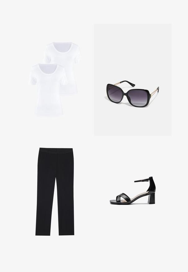 Du dų balti trumpomis rankovėmis marškinėliai su apvaliu iškirptu, pagaminti iš minkštos medvilnės, turintys lygią tekstūrą ir švarų dizainą.; Juodos kelnės su tiesiu kirpimu, turinčios šonines kišenes ir lygią audinio tekstūrą. Minimaliai detalizuotos, švarus liemuo.; Juodos atviros pirštų aukštakulnės šlepetės su kryžminėmis dirželiais, reguliuojamu kulkšnies dirželiu ir masyviu kulnu, pasižyminčios lygaus odos tekstūra.; Juodos didelės saulės akinių su pereinamais objektyvais, storomis rėmeliais ir auksinės spalvos grandinėmis ant šventyklų.; Juodas rankinė struktūrizuota forma, lygi tekstūra ir metalinis užsegimas. Suporuota su plačiomis juodomis kelnėmis ir atvirais bateliais ant medinių grindų.